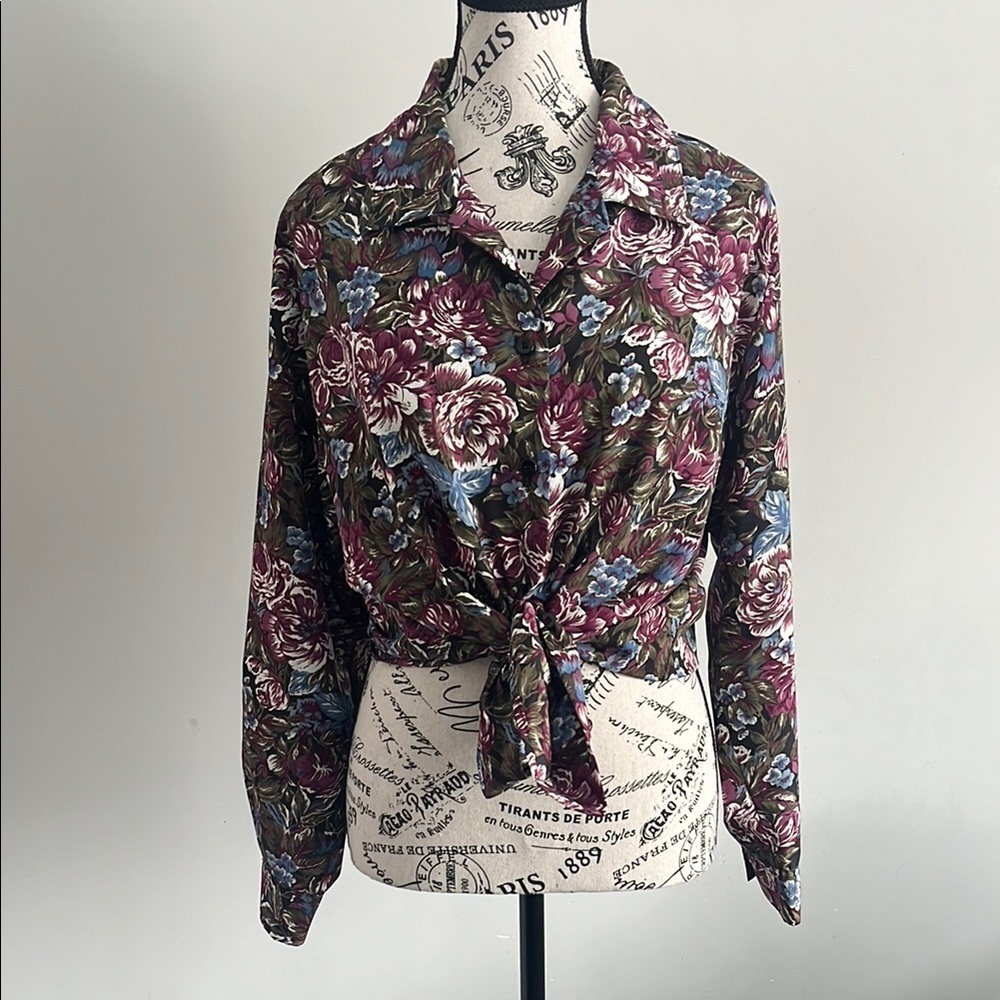 Vintage 80s Koret Floral Blouse – Moody Purple Blue – US 16